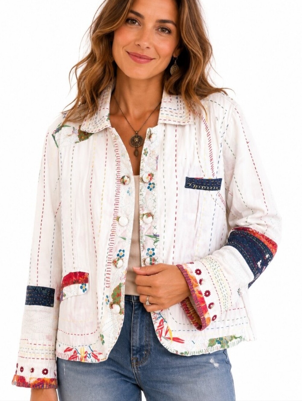 Casual Studio Art to Wear Patchwork Cotton Jacket Large Boho Embroidered